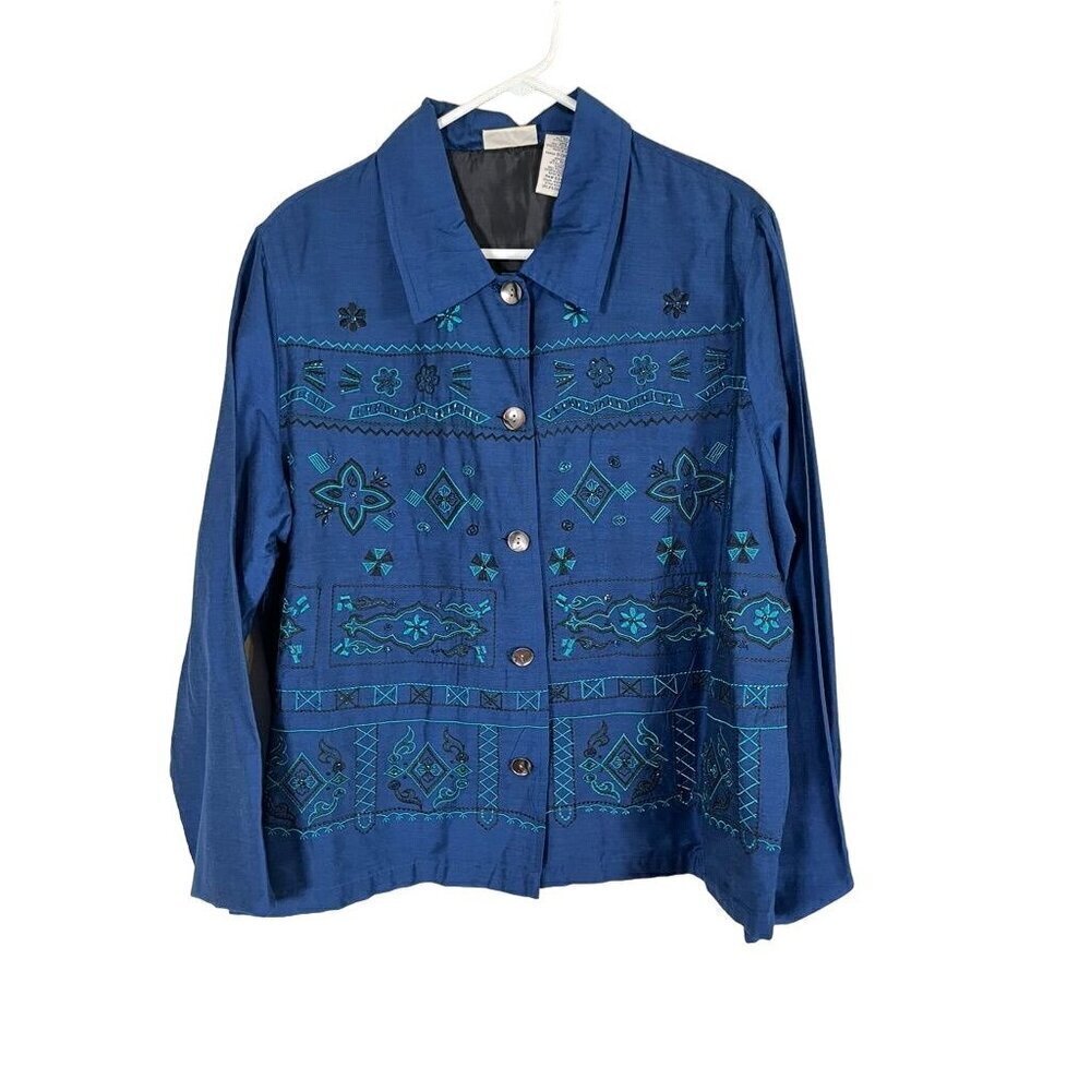Retro Floral Jacket L Blue Boho Embroidery Cottage Neutral Classic Western Chic
